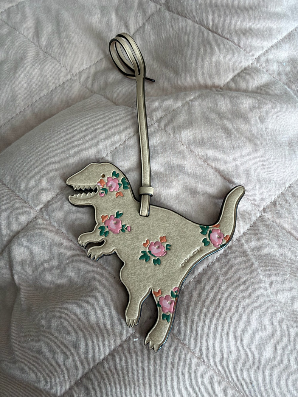 Coach Cream Dinosaur Bag Charm with Pink Floral Appliqués